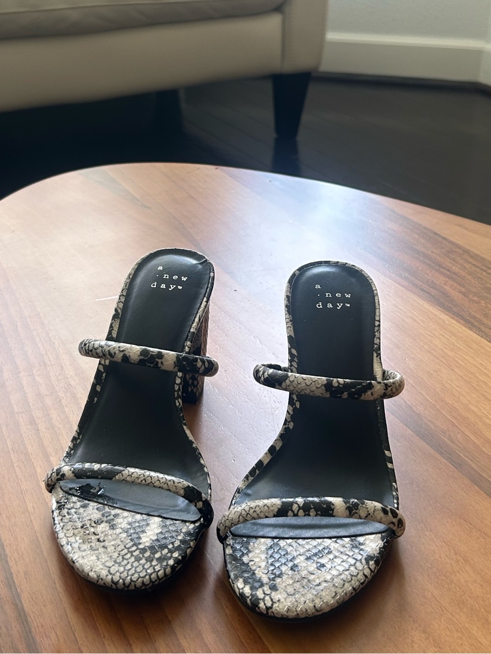 A New Day Snakeskin Block Heel Slide Sandals Women's Size 6 Neutral Animal Print